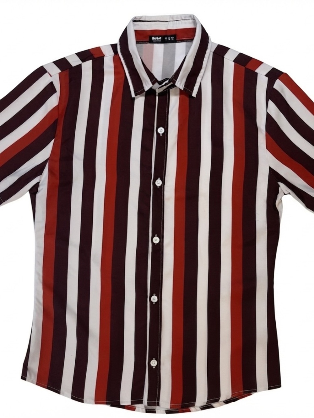ROMWE Men's Vertical Stripe Button-Down Shirt in Red, White & Dark Brown